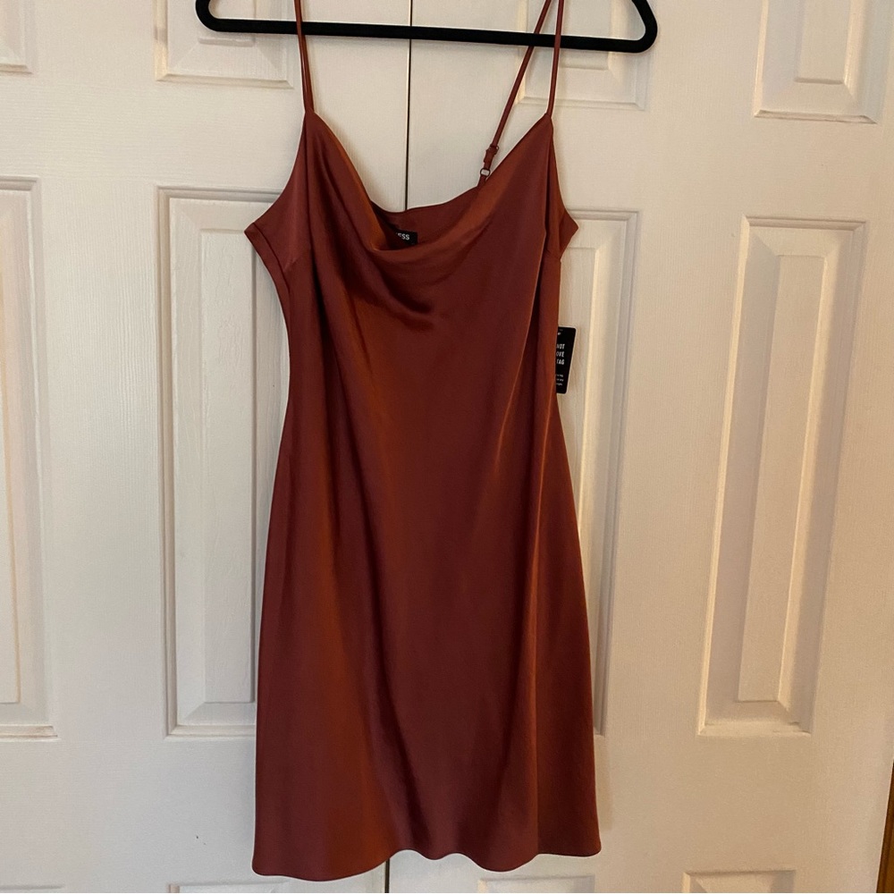 Express copper silk cowl neck slip dress, NWT, size M